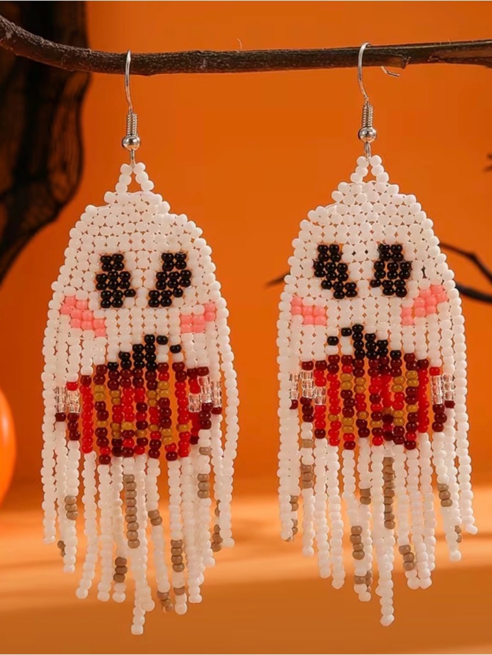 White Beaded Ghost Fringe Earrings with Pumpkin